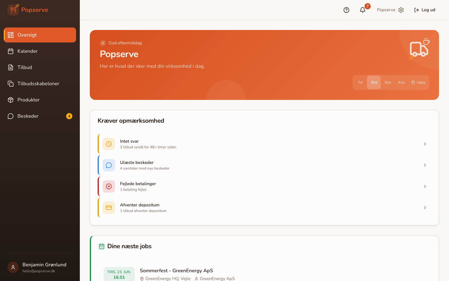 Popserve dashboard med overblik over tilbud og statistik